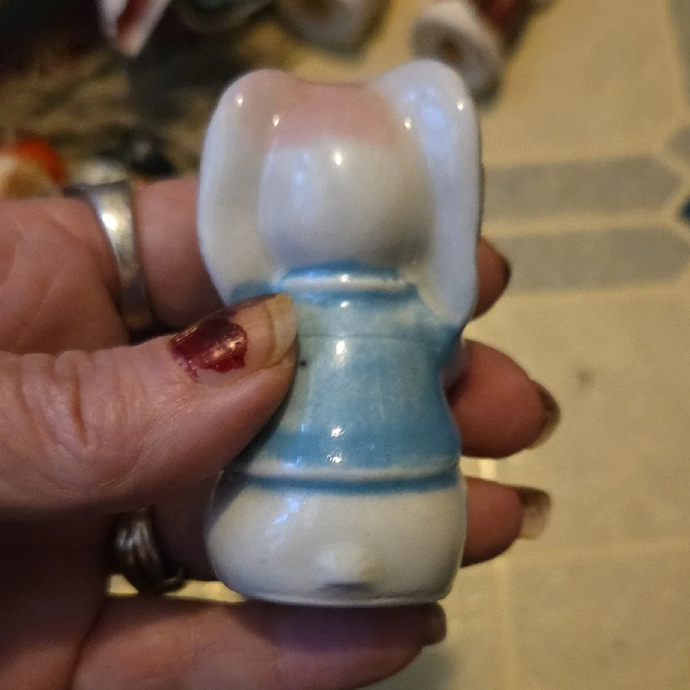 Ceramic Bunny Figurines - Blue and White Anthropomorphic Salt An Pepper Shakers